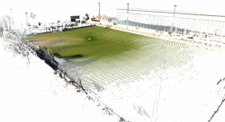 Mračno bodů vyskenovaného hřiště a okolí sportovního areálu. Akční rádius – poloměr jednoho měření stanoviště skeneru byl až 70m v&nbsp;případě modelu FARO FOCUS M70. V&nbsp;rámci celého areálu a přilehlé komunikace bylo měřeno přes 30 stanovisek.