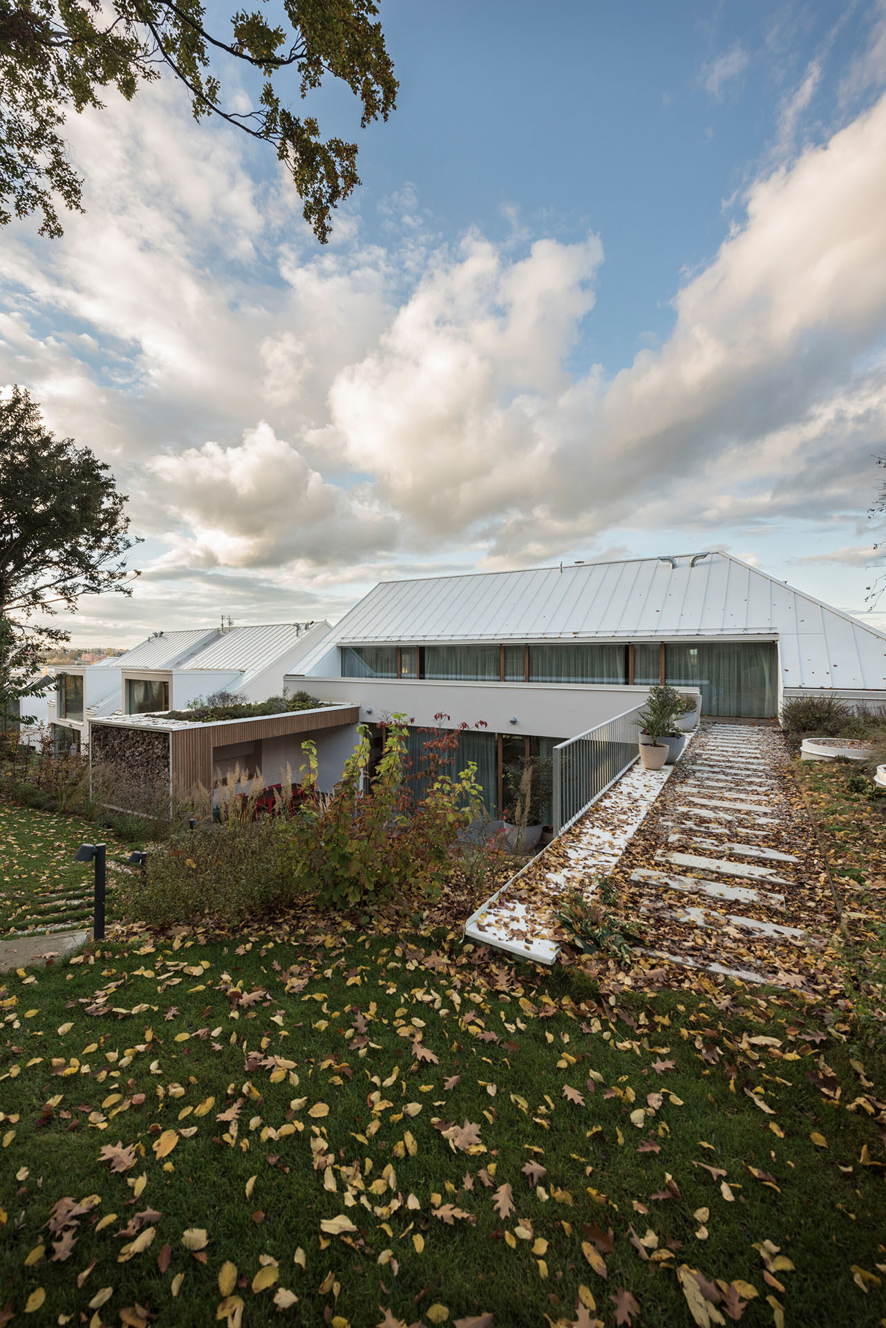 Střechy krajních objektů jsou navrženy jako valbové, to aby zjemnily celkovou hmotu. (Trojdům, Martin Čeněk)