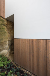 Horní část objektů je omítnuta vápennou bílou omítkou, spodní je část dřevěná, obložená svislým laťováním. (Trojdům, Martin Čeněk)