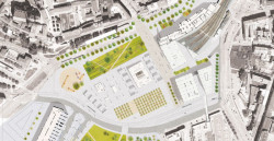 Budoucnost centra Brna: Michal Palaščák a kol. (CZ), celková situace návrhu v měřítku 1:1000 // finalista – foto