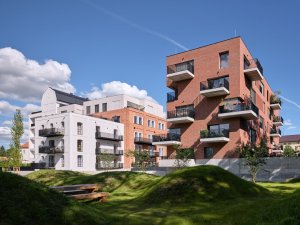 Novostavba vedle historické budovy (mar.s architects, obnova Žitného mlýna v Boršově nad Vltavou)