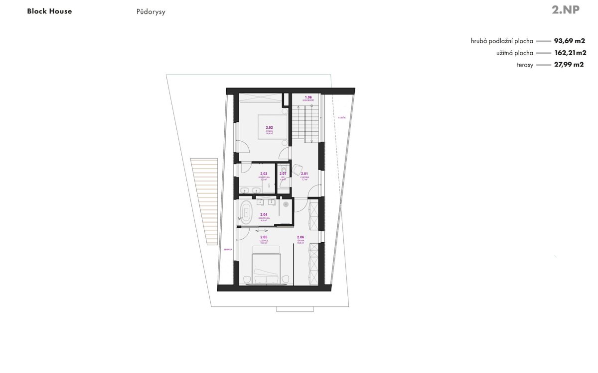 2. NP s ložnicí, koupelnami a dětskými pokoji (Block House v Šáreckém údolí v Praze; Studio MA)