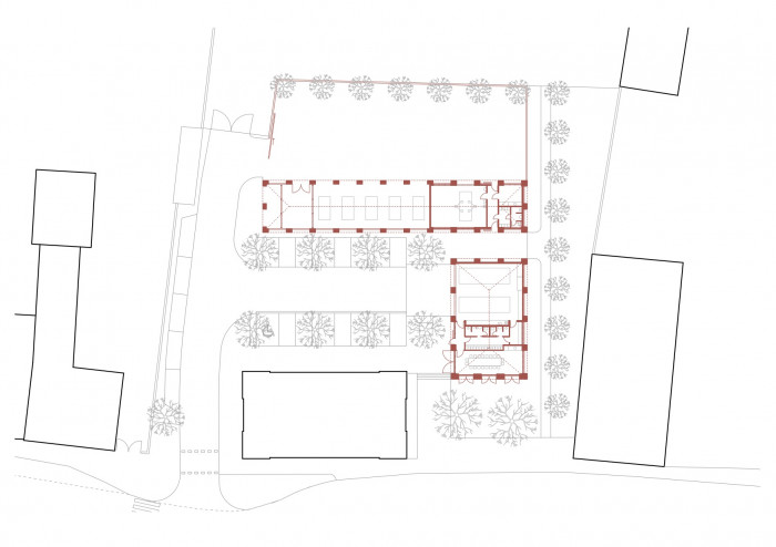 Hasičská zbrojnice a zázemí technických služeb v Líbeznicích, Ehl&Koumar architekti/ Lukáš Ehl, Tomáš Koumar, Jaroslav Malina, Jan Lankaš – půdorys