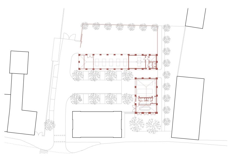 Hasičská zbrojnice a zázemí technických služeb v Líbeznicích, Ehl&Koumar architekti/ Lukáš Ehl, Tomáš Koumar, Jaroslav Malina, Jan Lankaš – půdorys