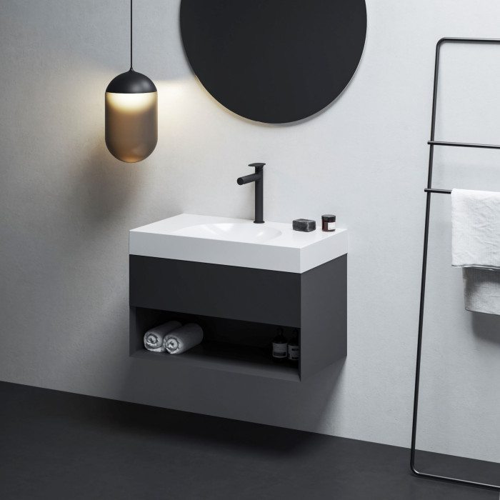 Baterie Spring, umyvadlo Lite 80x40, skříňka Lite 80 v černé barvě - vše od Ravaku