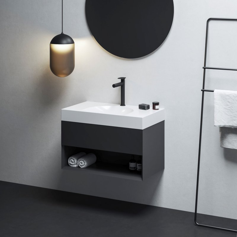 Baterie Spring, umyvadlo Lite 80x40, skříňka Lite 80 v černé barvě - vše od Ravaku