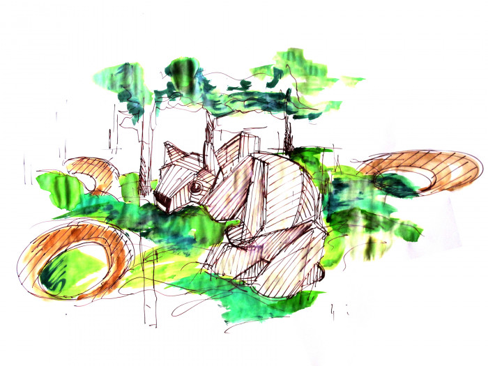 Herní krajina Pecka, Matěj Hájek a Tereza Kučerová (Moloarchitekti s.r.o), skica rysa