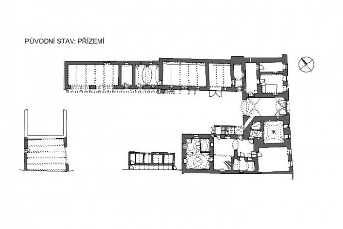 Úprava bývalé fary ve Chvalšinách na zařízení pro  pobyty osob s poruchami autistického spektra, 4DS, původní stav půdorys přízemí