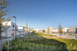 Součástí projektu byl také bytový dům, obrací se do náměstí i parku. (Obytný soubor Dolina v Lysolajích, knesl kynčl architekti)