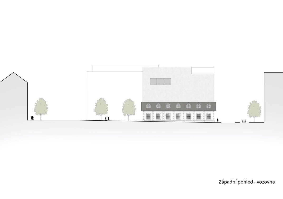 Subcentrum Klamovka - Nové lokální centrum v Plzeňské ulici, západní pohled na vozovnu, Klára Jeníková