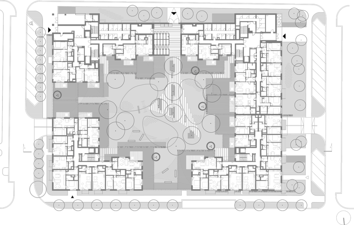 Chmelař architekti, Polyfunkční domy 4BLOK, půdorys parteru/1. NP - foto