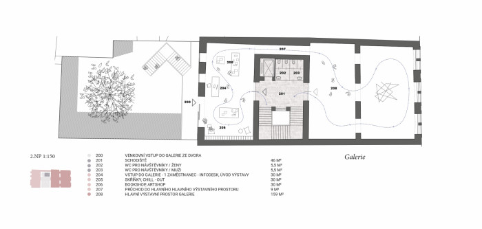 Vítězný návrh Centra současného umění a architektury v Českých Budějovicích od studií AFF Architekten + Malý Chmel, půdorys 2NP