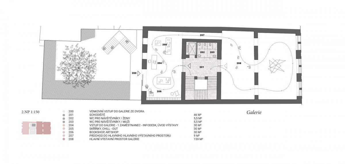 Vítězný návrh Centra současného umění a architektury v Českých Budějovicích od studií AFF Architekten + Malý Chmel, půdorys 2NP