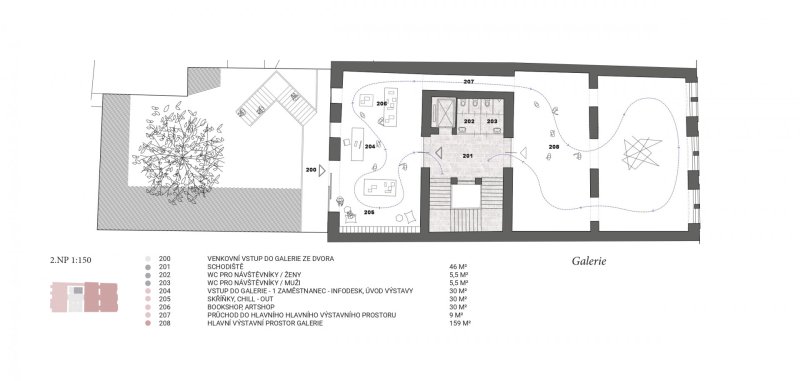Vítězný návrh Centra současného umění a architektury v Českých Budějovicích od studií AFF Architekten + Malý Chmel, půdorys 2NP