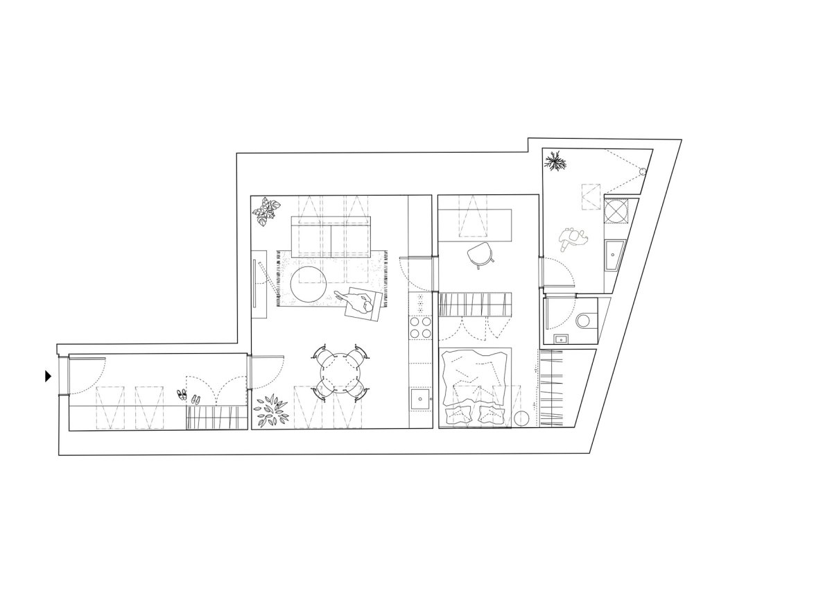 Půdorys bytu ve 3.NP (Rekonstrukce pavlačového domu v Praze-Nuslích, Plus One Architects) 