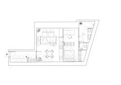 Půdorys bytu ve 3.NP (Rekonstrukce pavlačového domu v Praze-Nuslích, Plus One Architects) 