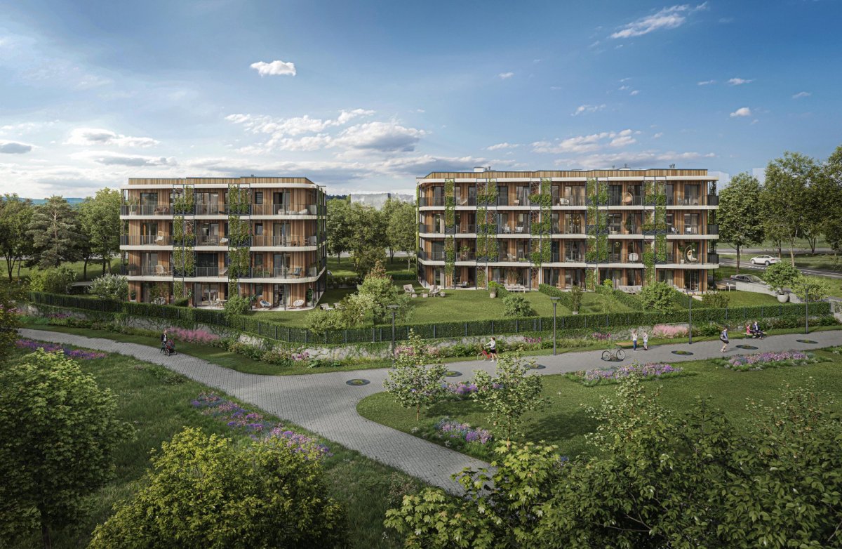 Na pomezí Stodůlek a Řeporyjí rostou dřevěné vícepodlažní bytové domy Timber Praha