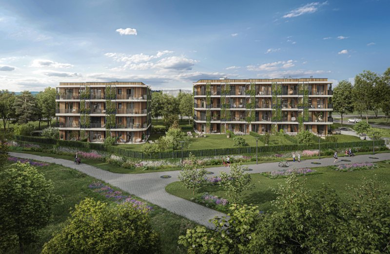 Na pomezí Stodůlek a Řeporyjí rostou dřevěné vícepodlažní bytové domy Timber Praha
