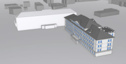 Vlevo vzadu domov mládeže Sosík - 3D model detailu LOD 2, vpravo budovy školy Střední průmyslové školy stavební a Obchodní Akademie v Kladně detailu LOD 3