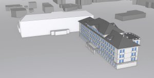 Vlevo vzadu domov mládeže Sosík - 3D model detailu LOD 2, vpravo budovy školy Střední průmyslové školy stavební a Obchodní Akademie v Kladně detailu LOD 3