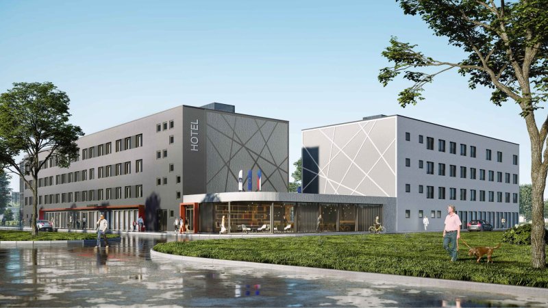 Na Výstavišti Letňany vyroste, spolu s administrativní budovou, největší hotel v Čechách sestavený z modulů od KOMA MODULAR. (Hotel na Výstavišti Letňany, NO LIMITS DESIGN, vizualizace)