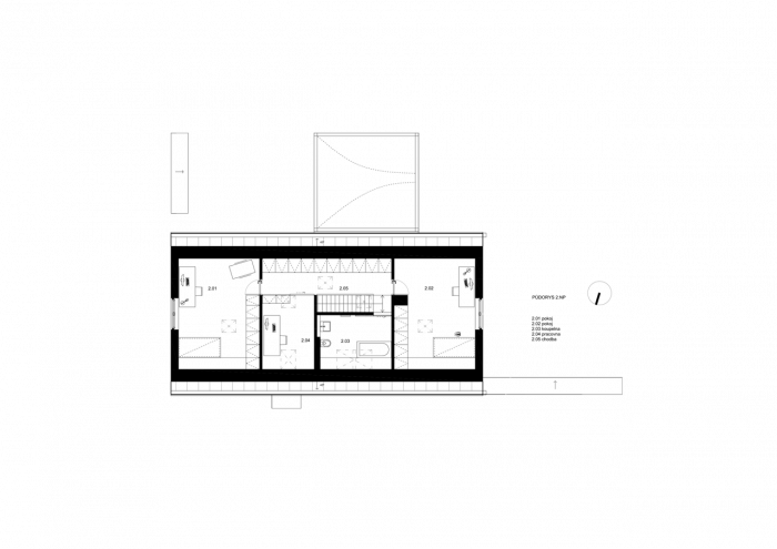 Architektonické studio Markéta Bromová, Rodinný dům Jiřetín pod Jedlovou, půdorys 2. NP – foto