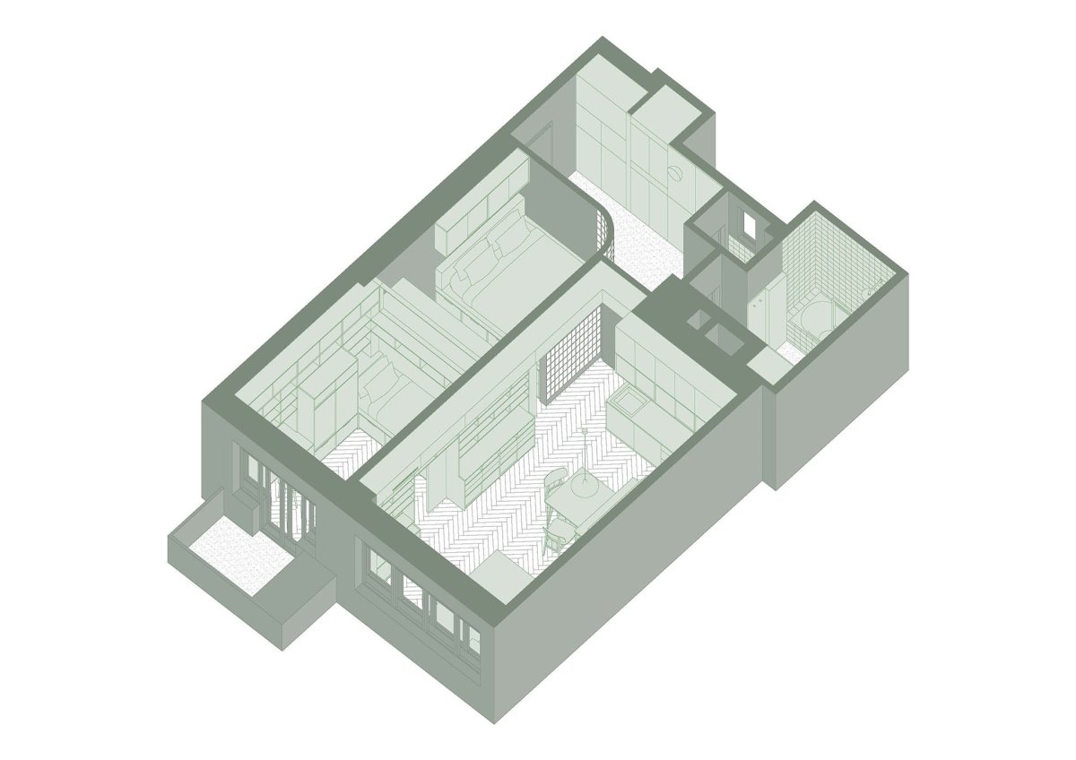 Axonometrie (Rekonstrukce bytu na Vinohradech, Markéta Bromová architekti)
