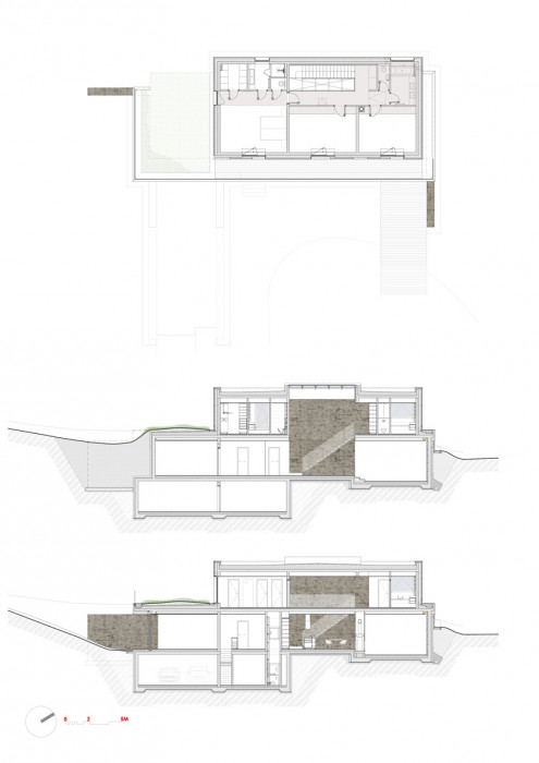 RD Srbín, půdorys 2NP a podélné řezy, Martin Čeněk