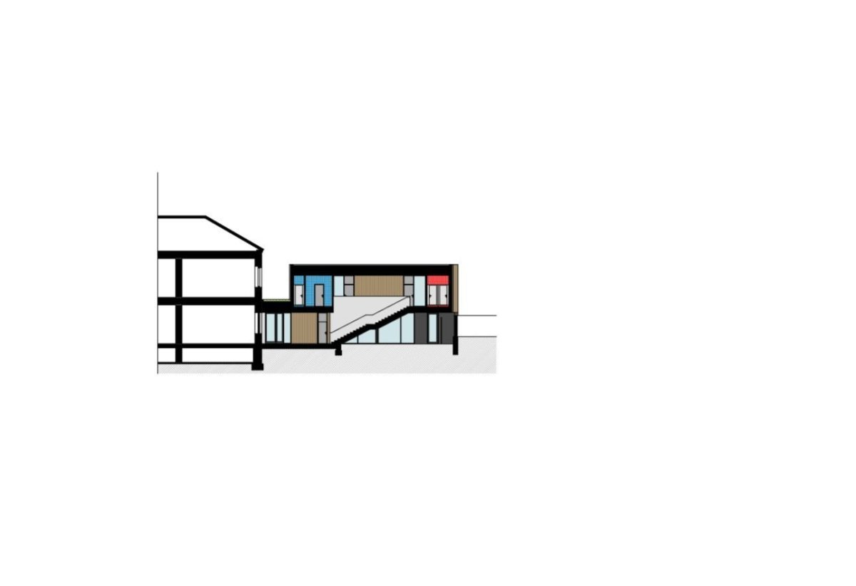 Přístavba školní družiny ZŠ Újezd v Plzni, řez, Projectstudio8