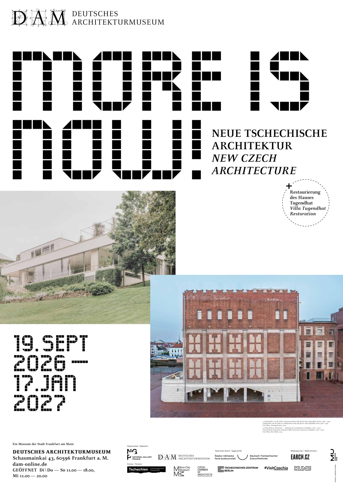 Plakát výstavy české architektury More is Now! Začíná 19. září ve Frankfurtu nad Mohanem