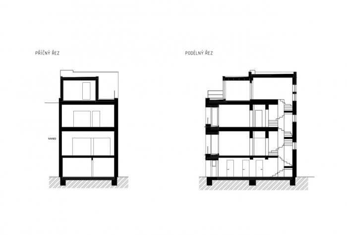 Rekonstrukce rodinného domu v Brně, řezy, NEW WORK