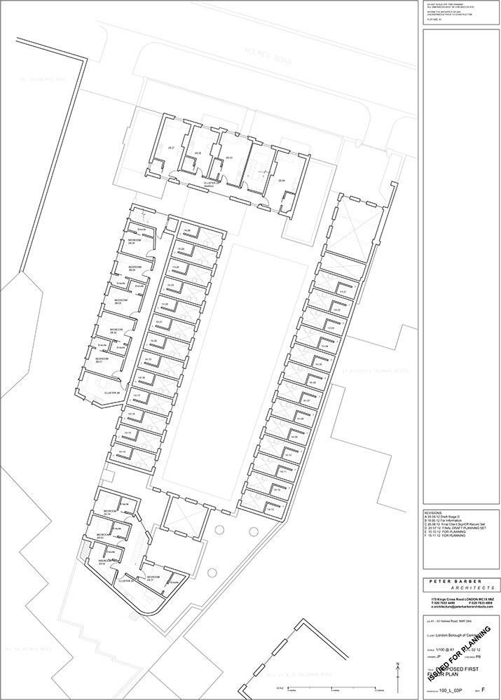 Peter Barber Architects, příbytky na Holmes Road, půdorys 1.NP, výkres