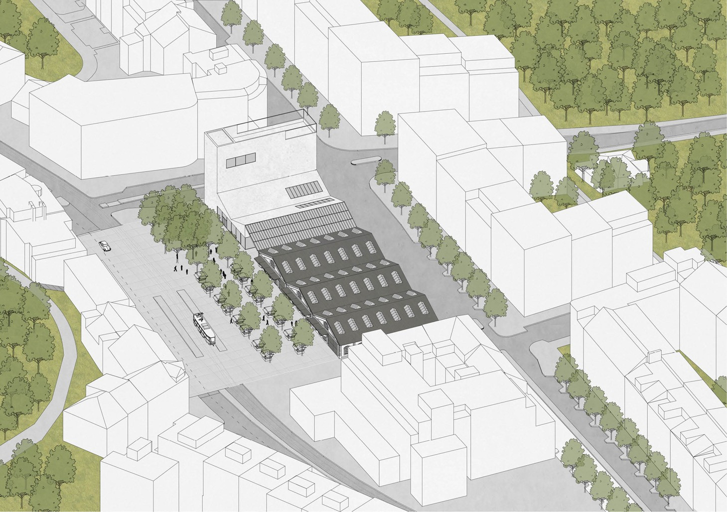 Subcentrum Klamovka - Nové lokální centrum v Plzeňské ulici, axonometrie, Klára Jeníková