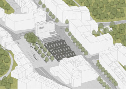 Subcentrum Klamovka - Nové lokální centrum v Plzeňské ulici, axonometrie, Klára Jeníková