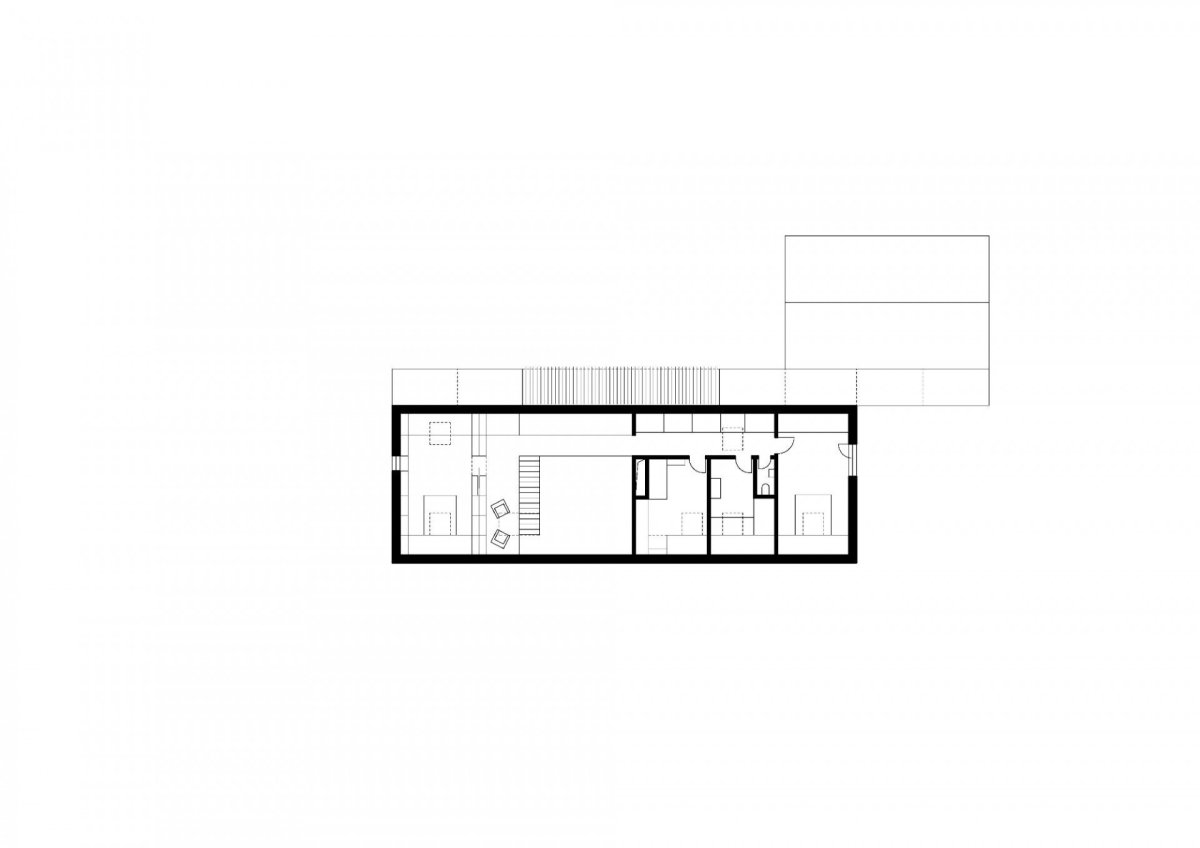 Vidiecky dom J, půdorys první patro, ARCHITEKTI Mikulaj & Mikulajova, zdroj : ARCHITEKTI Mikulaj & Mikulajova
