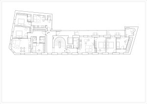 Půdorys 2.NP (Rekonstrukce pavlačového domu v Praze-Nuslích, Plus One Architects) 