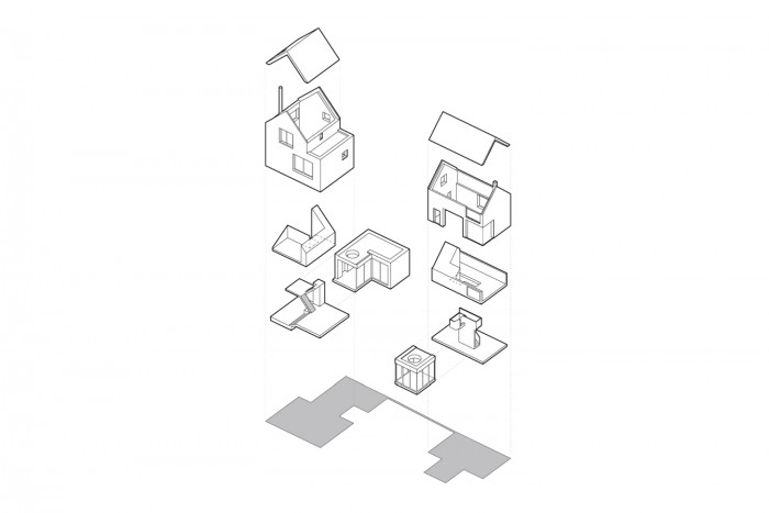 Domy v mlze, axonometrické schéma, studio Raketoplán