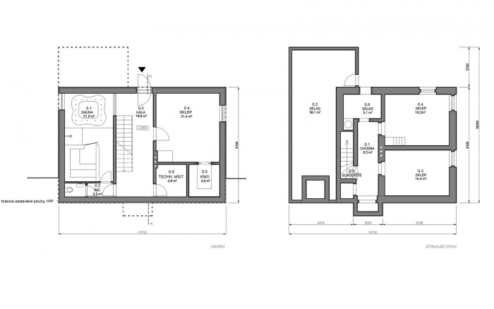 Přestavba chaty ve Svatém Petru, Znamení čtyř - architekti, půdorysy 1PP