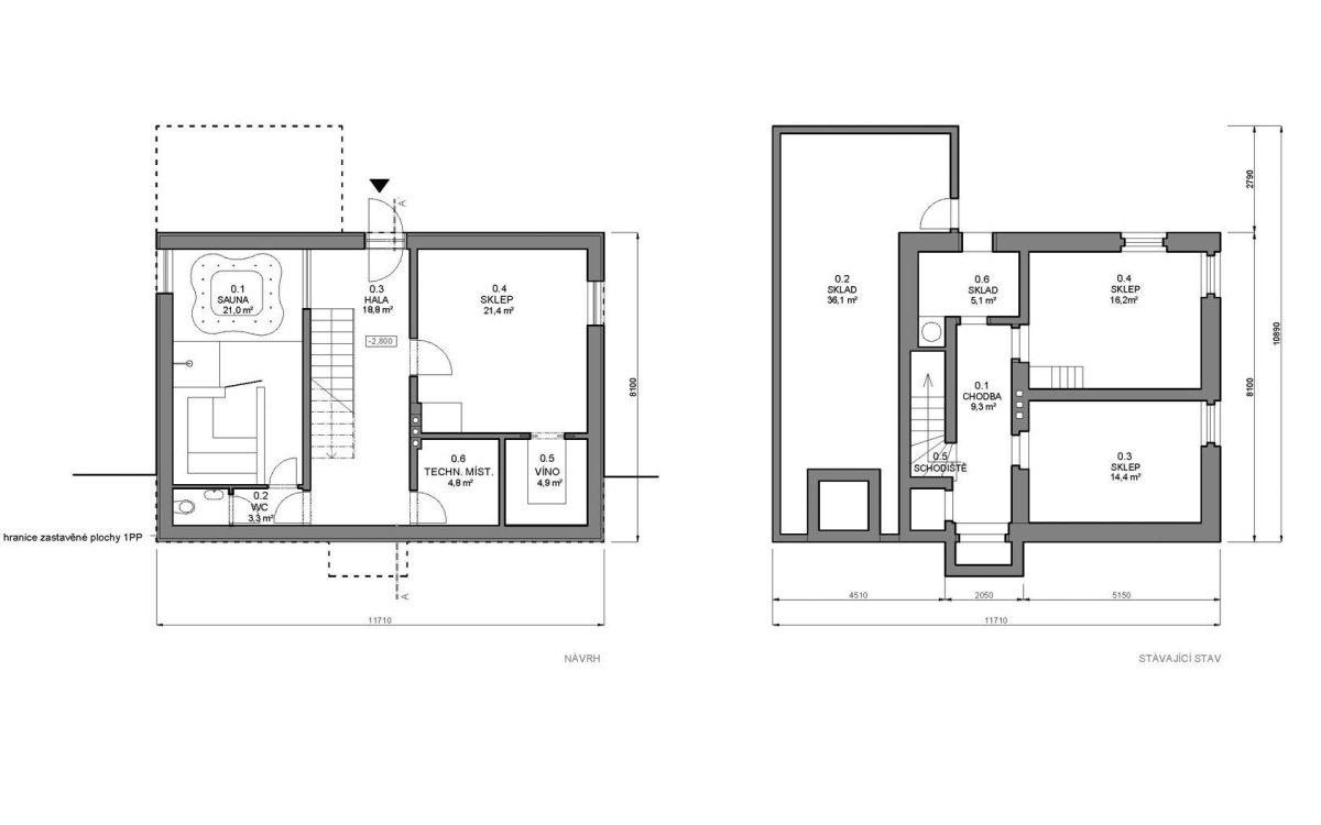 Přestavba chaty ve Svatém Petru, Znamení čtyř - architekti, půdorysy 1PP
