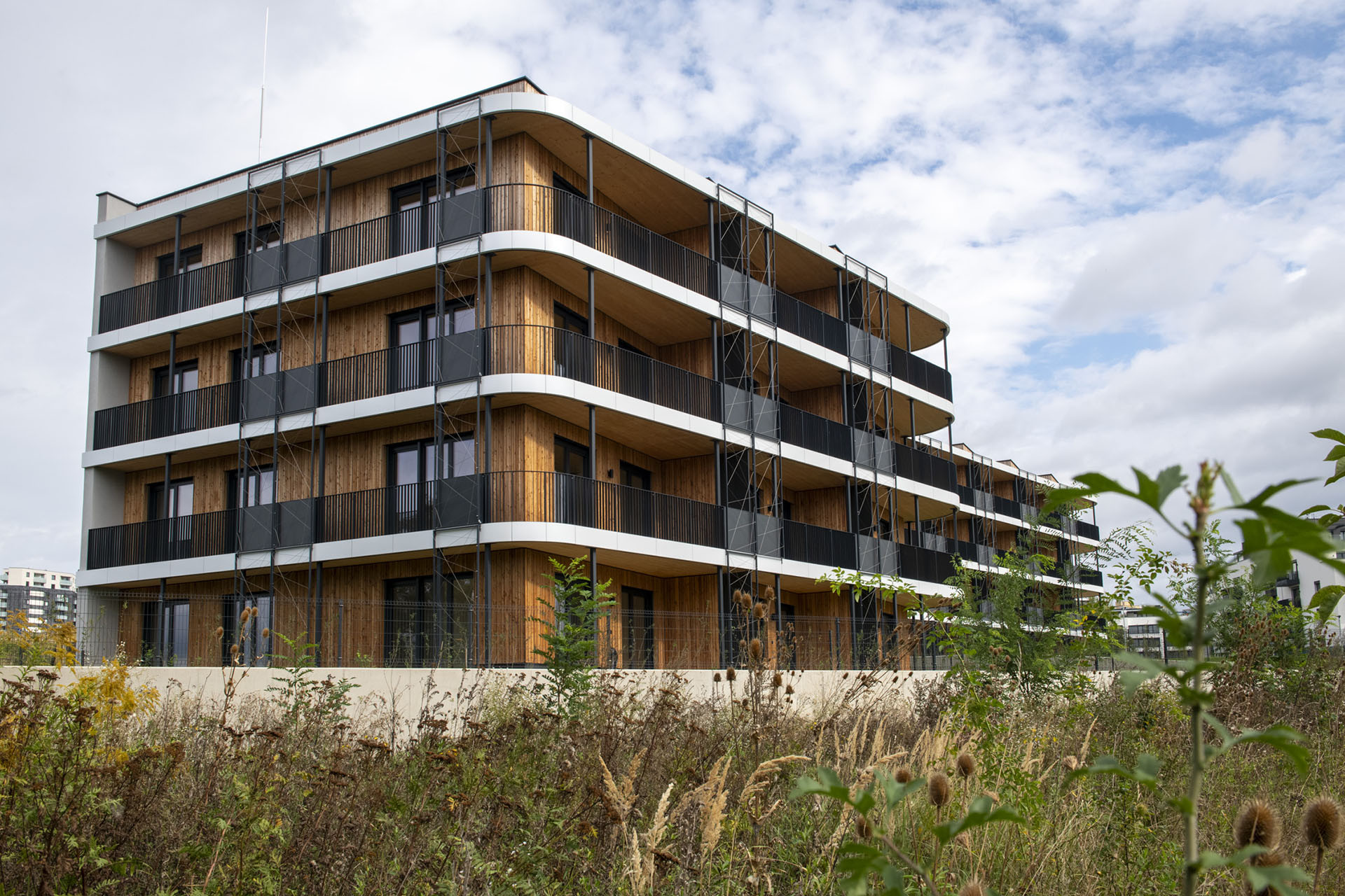 Čtyři bytovky, celkem 62 bytů. To je projekt Timber Praha developera UBM Development se sídlem v Rakousku. Právě z rakouské centrály přišel pokyn stavět ze dřeva, původně byly domy naplánovány jako železobetonové.