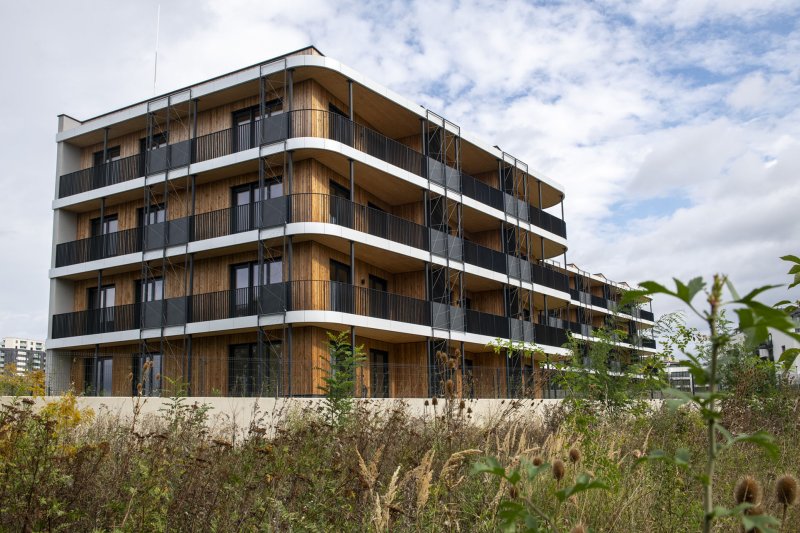 Čtyři bytovky, celkem 62 bytů. To je projekt Timber Praha developera UBM Development se sídlem v Rakousku. Právě z rakouské centrály přišel pokyn stavět ze dřeva, původně byly domy naplánovány jako železobetonové.