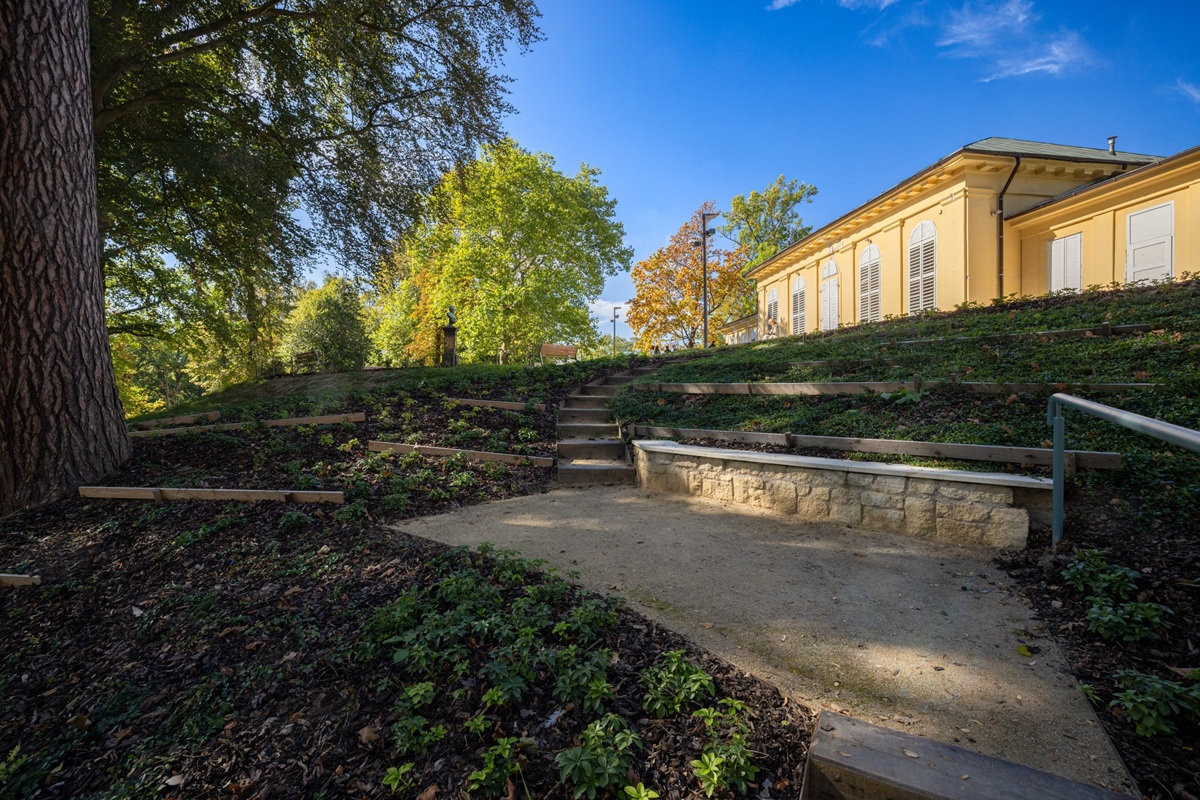 Lochotínský park po dvanáctileté revitalizaci, v pozadí Lochotínský pavilonek