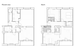 Rekonstrukce bytu v Praze-Bubenči, Papundekl architekti: Půdorys - původní stav + návrh