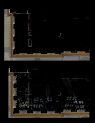Mračno bodů zaměření fasády objektu. Na obrázku nahoře již pročištěné mračno, na obrázku dole původní mračno včetně efektu zrcadlení a s tím spojeného vytváření rušivých mračen bodů.