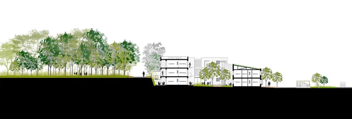 Stockwool Architects, obytný soubor Clock House Gardens, řez, výkres