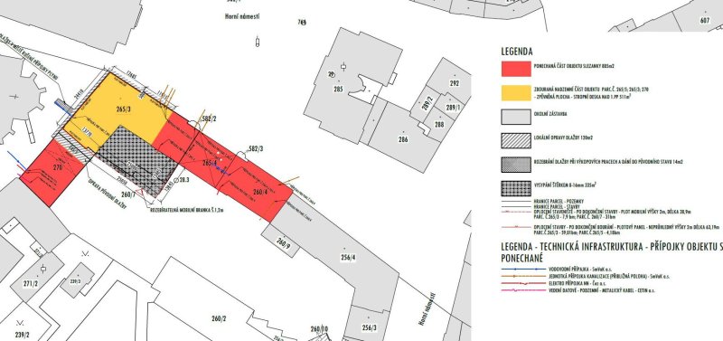 Slezanka – část určená k demolici k 9. 2. 2026 (žlutě)