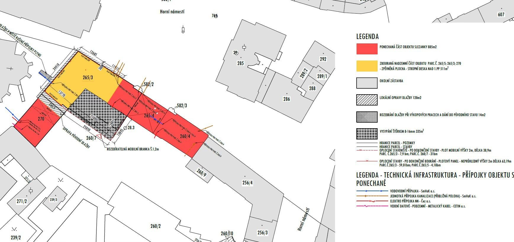 Slezanka – část určená k demolici k 9. 2. 2026 (žlutě)