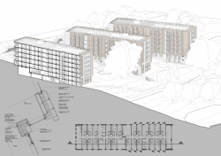 Vysokoškolské koleje Chamberlain Halls of Residence v Birminghamu, řez, Glancy Nicholls Architects.