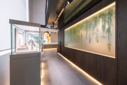 Součástí showroomu Danfil je taky piercingové studio, nachází se za příčkami z tmavého dřeva.