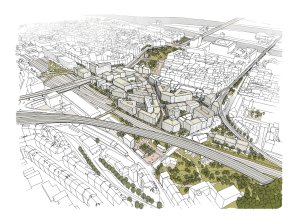 Florenc21: Etapa Západ, axonometrie-nadhled vítězné regulace nové čtvrti z urbanistické soutěže z roku 2021